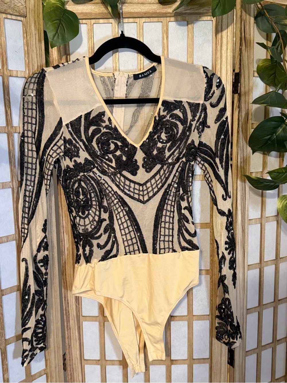 Banjul black sequin embellished mesh long sleeved bodysuit